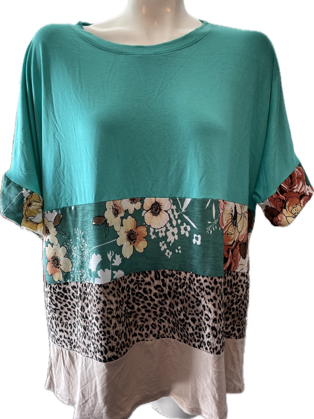 Celeste Teal Floral & Leopard Panel Short Sleeve Tunic